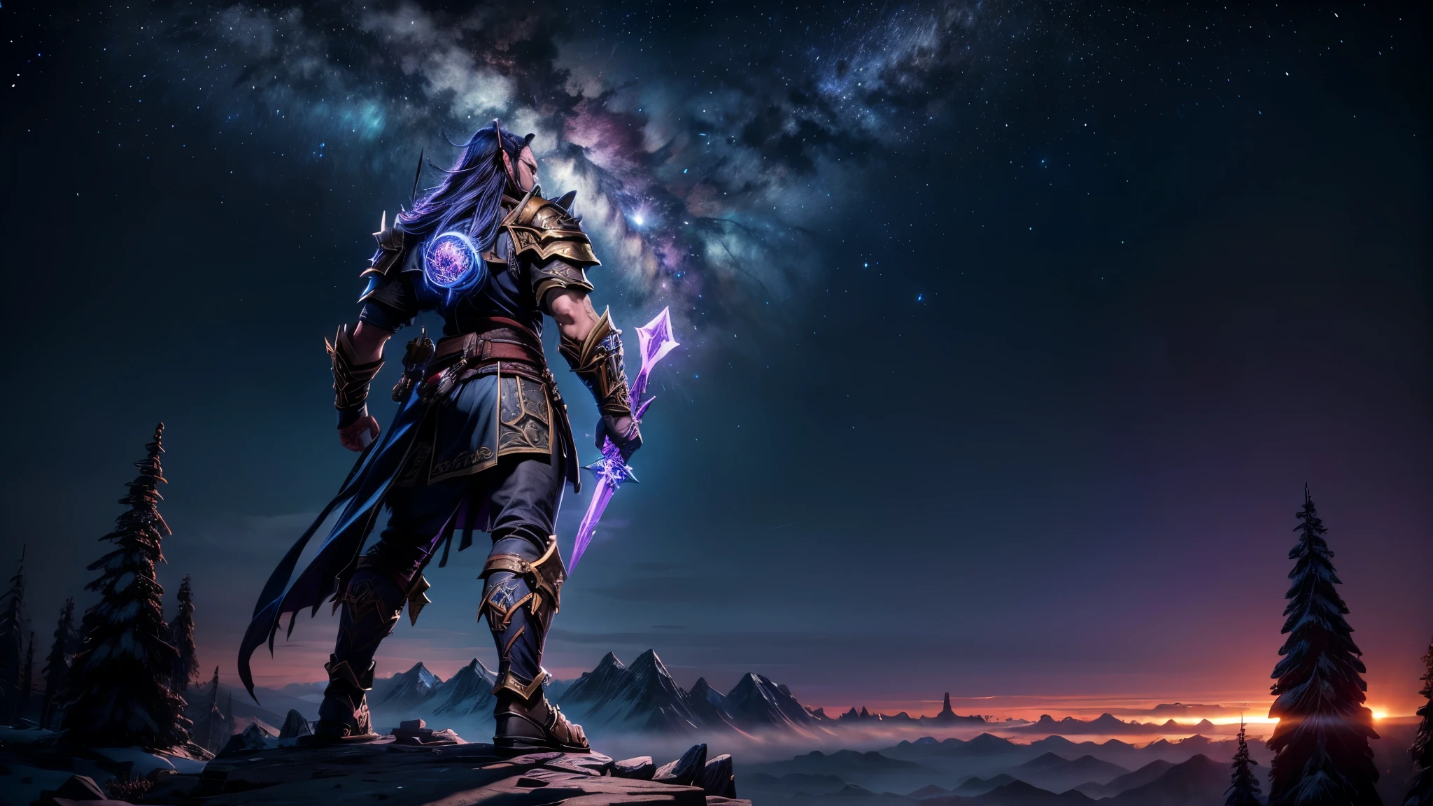 
On a high mountain peak under a twilight sky, WoW-style heroes stand united, their silhouettes defined by a glowing, ethereal light. The characters wear oversized, iconic armor and wield massive, glowing weapons. The mountain peak is infused with ancient, magical energy, with runes and mystical symbols glowing from the ground. The scene is heroic and majestic, evoking the legendary feel of WoW's epic battles and characters. The background includes a twilight sky filled with stars, representing their undying resilience. World of Warcraft, heroic, stylized, vibrant, mystical, exaggerated proportions.