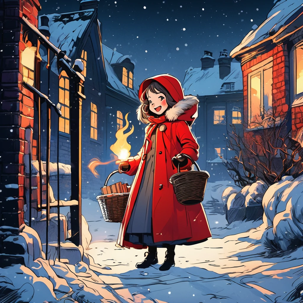 Boldly brushed anime style illustration, midwinter night, crazy fun, cinematic lighting, 19th century London, snowy night, burning house, one girl, front view, the little match girl laughing cruelly, she wears a red coat with a hood and holds a basket of matchboxes under her arm. Front view