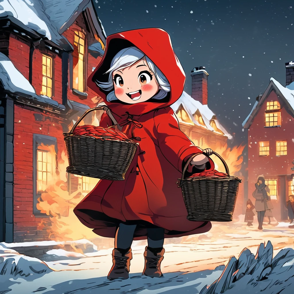Boldly brushed anime style illustration, midwinter night, crazy fun, cinematic lighting, 19th century London, snowy night, burning house, one girl, front view, the little match girl laughing cruelly, she wears a red coat with a hood and holds a basket of matchboxes under her arm. Front view