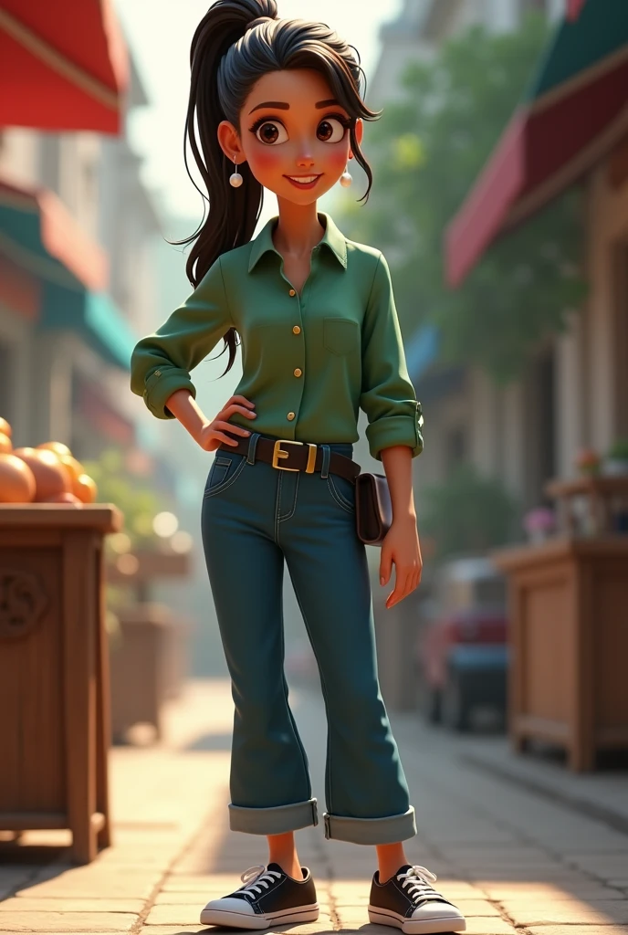 Animated Minerva Merchant drawing type 28 year old woman long hair tied back light brown complexion red lips big black eyes with small pearl earrings long sleeved green shirt long blue jeans black belt black formal tennis shoes.