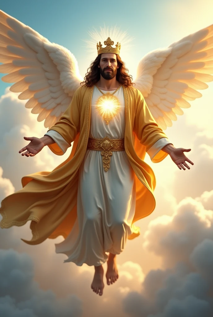 (photorealism:1.2), handsome Jesus Christ, floating in the sky with bigger white wing behind, the light in his head and heart sparkling all over, wearing the king gold clothes and crown in the clouds of heaven, elegant king clothes, long nice hair, outdoors, soft lighting, clouds and blue sky in a background, btighter sunlight, perfect face of Jesus Christ, relaxed pose, realistic, intricate details, warm colors,