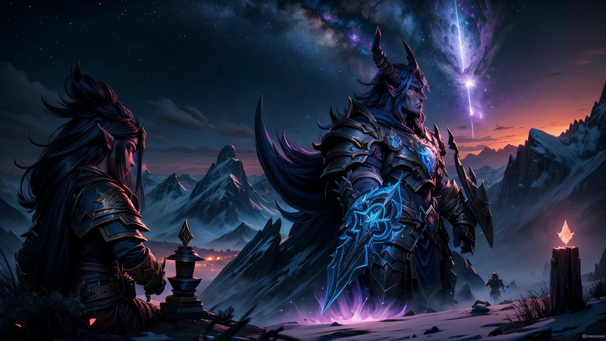 On a high mountain peak under a twilight sky, WoW-style heroes stand united, their silhouettes defined by a glowing, ethereal light. The characters wear oversized, iconic armor and wield massive, glowing weapons. The mountain peak is infused with ancient, magical energy, with runes and mystical symbols glowing from the ground. The scene is heroic and majestic, evoking the legendary feel of WoW's epic battles and characters. The background includes a twilight sky filled with stars, representing their undying resilience. World of Warcraft, heroic, stylized, vibrant, mystical, exaggerated proportions.