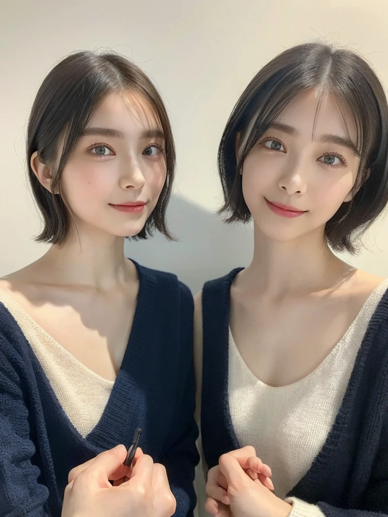 (masterpiece:1.3), (8k, Photoreal, Raw photo, best image quality: 1.4), Japanese high school girl、(random hairstyle:1.2)、cleavage:1.5、super detail face、eye for details、double eyelid、chest to chest、sharp focus:1.2、Beautiful woman:1.4、light brown hair、highest quality、masterpiece、超A high resolution、(Photoreal:1.4)、Highly detailed and professionally lit smiles、loose and light knitwear、shoulder out、thin、serious expression、short haired、deadly position
similar identical twins
All the girls have the exact same face, The two have the same face and figure, as if they were mirror images.