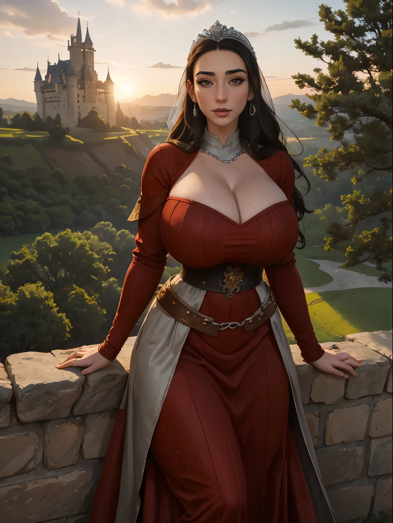 Gorgeous and sultry busty athletic (thin) brunette queen with sharp facial features wearing a modest updo, dark red medieval dress, long sleeves, intricate patterns, scrollwork, wide neck, crown, veil, long dress, modest dress, tight bodice, silver belt, (waist chain), medieval jewelry, Middle Ages, castle, rampart, wall, exterior, on top of a castle wall, trees, countryside, evening, sunset. large breasts.