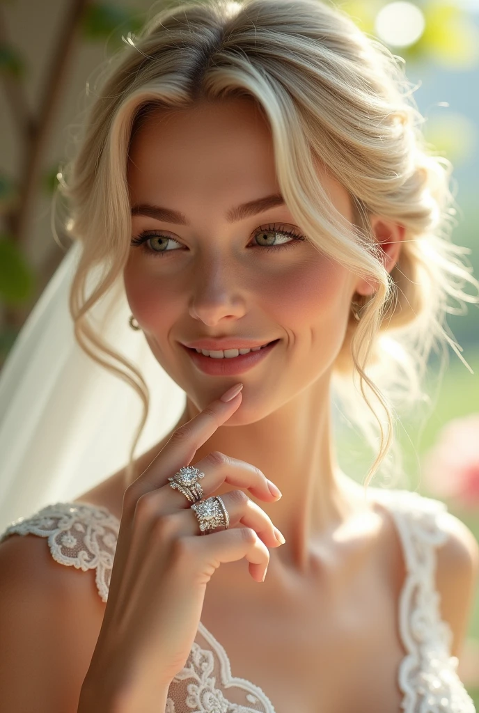 Beautiful girl with blonde short hair, wedding dress, white skin, use ring wedding