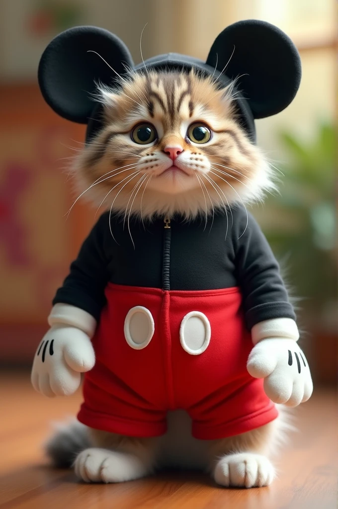 A cute cat wearing a Mickey Mouse costume, standing up