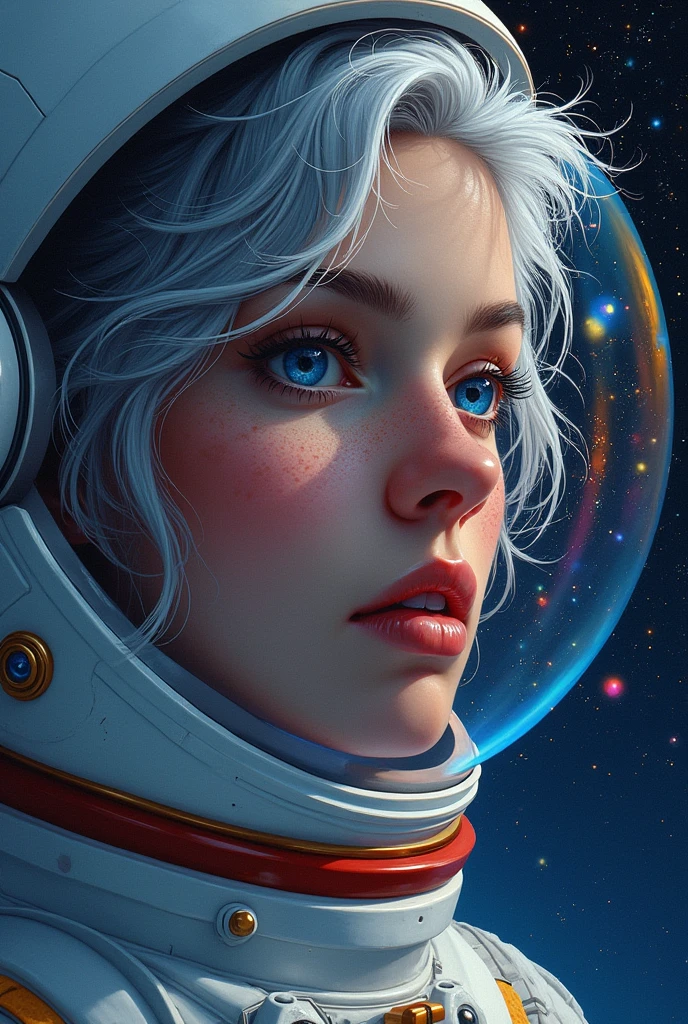 (Close-up of a better masterpiece: 1.5) 0.9], (Space and astronauts: 1.2) (Disheveled silver hair: 1.1) (Xanthochromia heterochromia and blue eyes: 1.2) (space helmet: 1.0) (colorful stars in the eyes: 1.0) (A radiant glow: 1.1) (thick lips: 0.9)