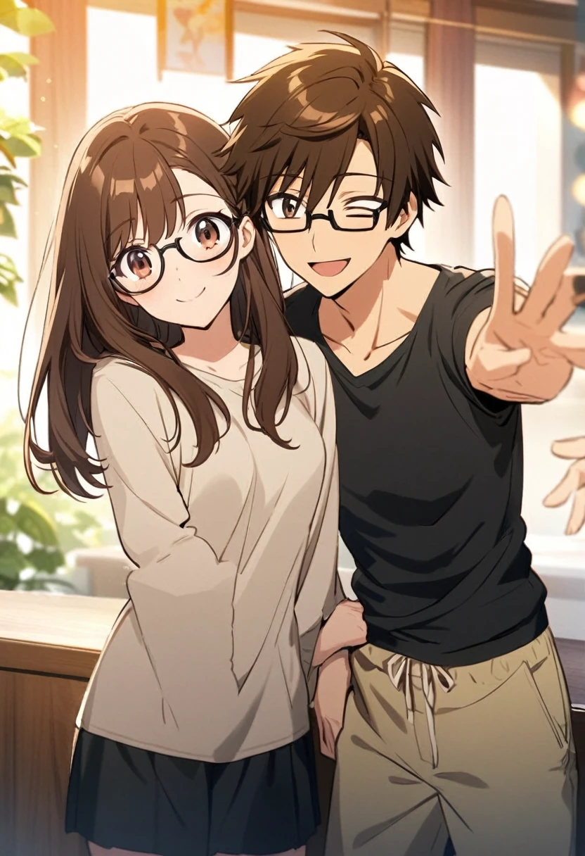 anime, two people, one beautiful female with long brown hair and no glasses, the other person is a male with short dark brown hair and black rimmed glasses, they are boyfriend and girlfriend, both smiling