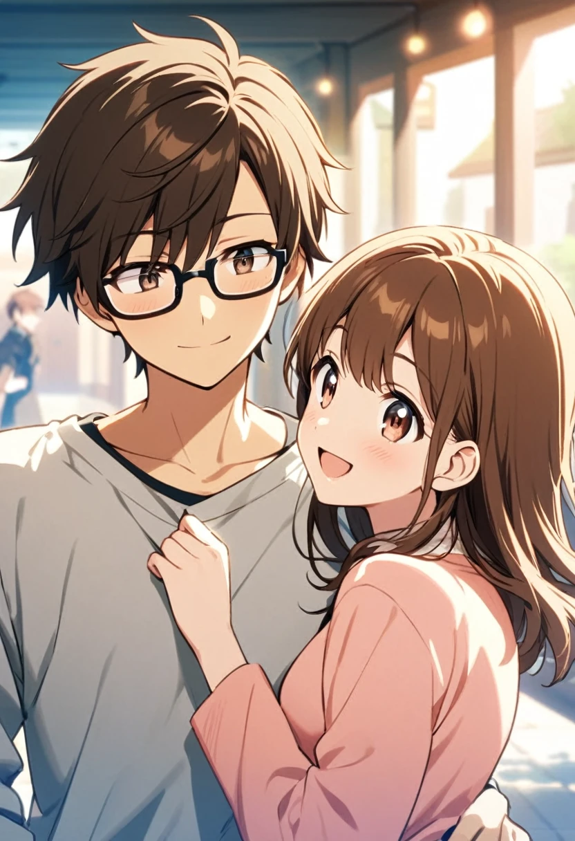 anime, two people, one beautiful female with long brown hair and no glasses, the other person is a male with short dark brown hair and black rimmed glasses, they are boyfriend and girlfriend, both smiling 