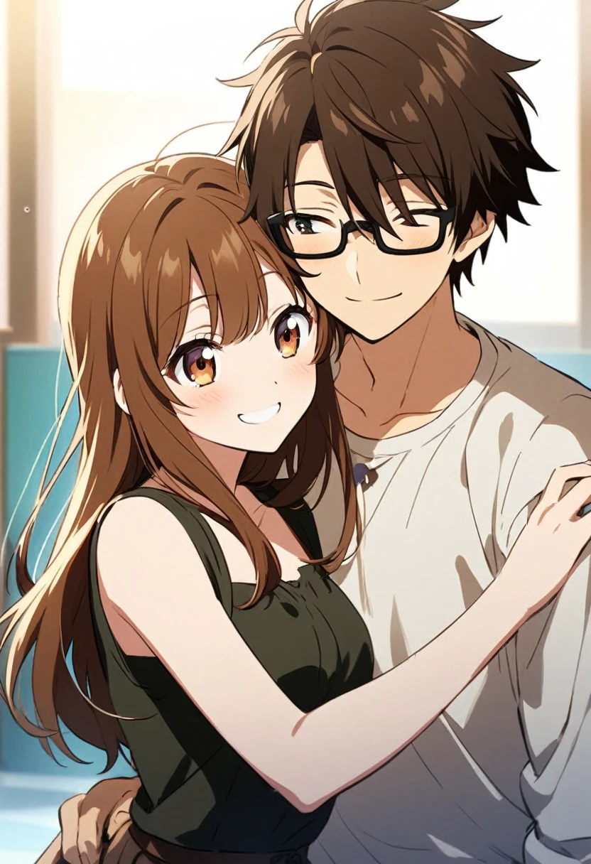 anime, two people, one beautiful female with long brown hair and no glasses, the other person is a male with short dark brown hair and black rimmed glasses, they are boyfriend and girlfriend, both smiling 