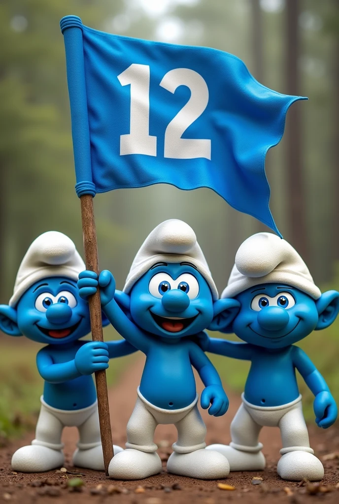 Team the Smurfs holding a blue flag written "12"