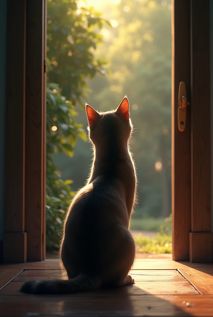Back view of a cat standing in front of a closed door