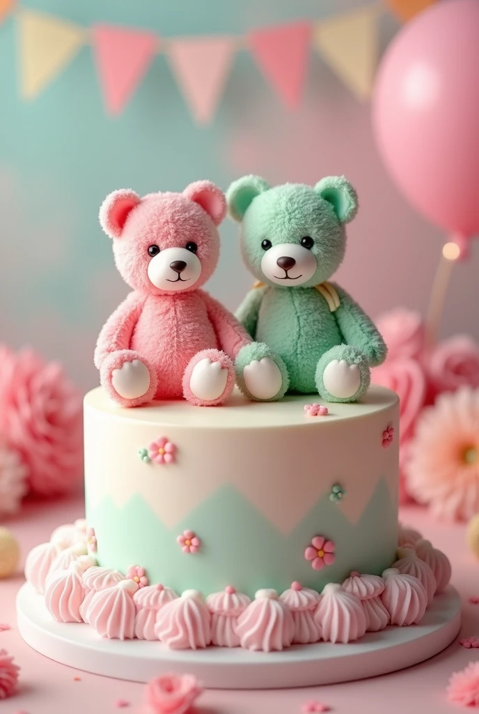 Cake with two teddy bears for gender reveal party. Green and pink.