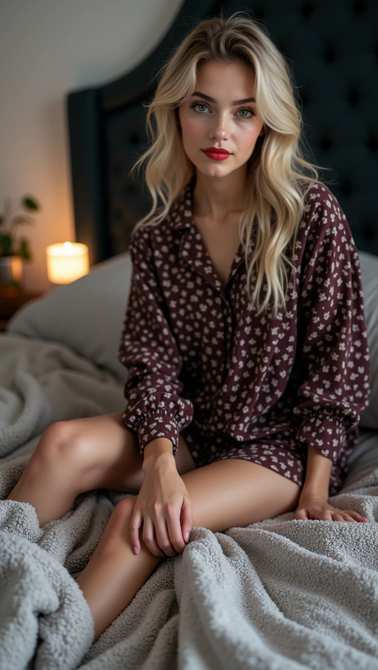 Sabrina Carpenter, wearing a Printed Silk Kimono, Sitting, cleavage