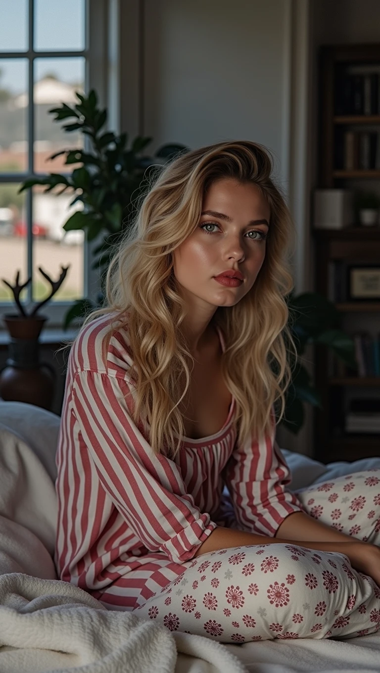 A young and beautiful woman, blonde hair hairstyle,It falls gently over your shoulders in waves., medium high, big green eyes, with light skin, I was in pajamas, She was in bed, Take care of your hair before going to bed., The environment is illuminated by warm and pleasant lights..,Make your hair shine, His face was naturally serene., lips with red lipstick, 8K texture, Very detailed, realisitic, soft cinematic light, HdR, sharp focus, masterpiece, Fotor is realistic, award-winning photography, a Canon EOS R5, 35 millimeters
