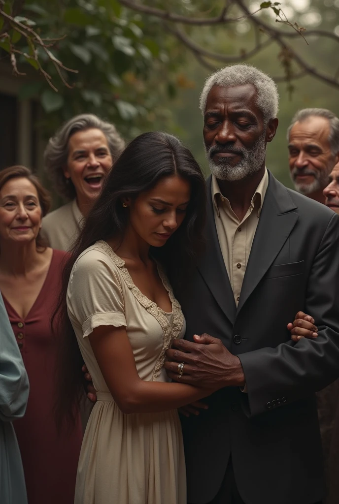  sad white woman next to her black father, the family is around them laughing