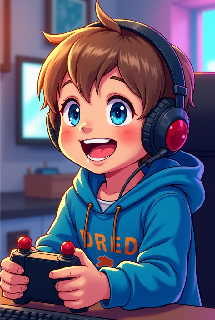4 years old Young boy. He has light skin, short light brown hair with bangs. Blue eyes. He is smiling brightly, showing his teeth. He is wearing a blue hoodie with in gamming aesthetics, holding a joystick and with headphones. Character should be colorful and have a fun, friendly look, with exaggerated, expressive features. Big expressive eyes and smiling mouth. Joyful, Happy, Anime illustration, Realistic, oil