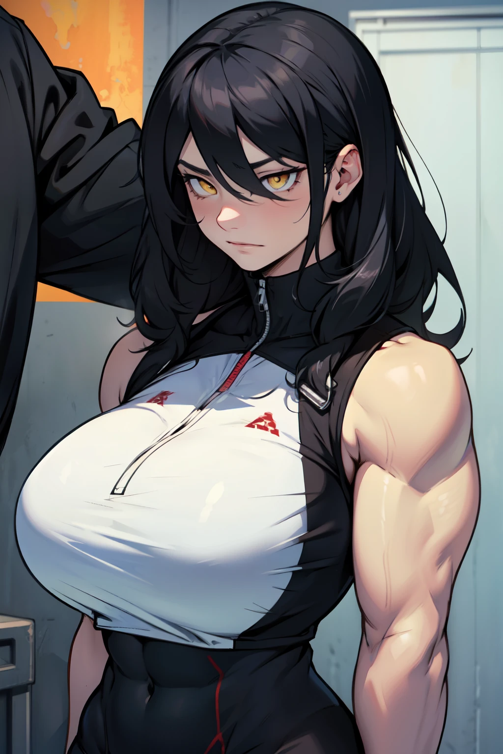muscular girl muscular girl muscular girl thick thick thick breasts breasts breasts massive hair black hair yellow eyes pale skin sharp focus embarrassed empty eyes