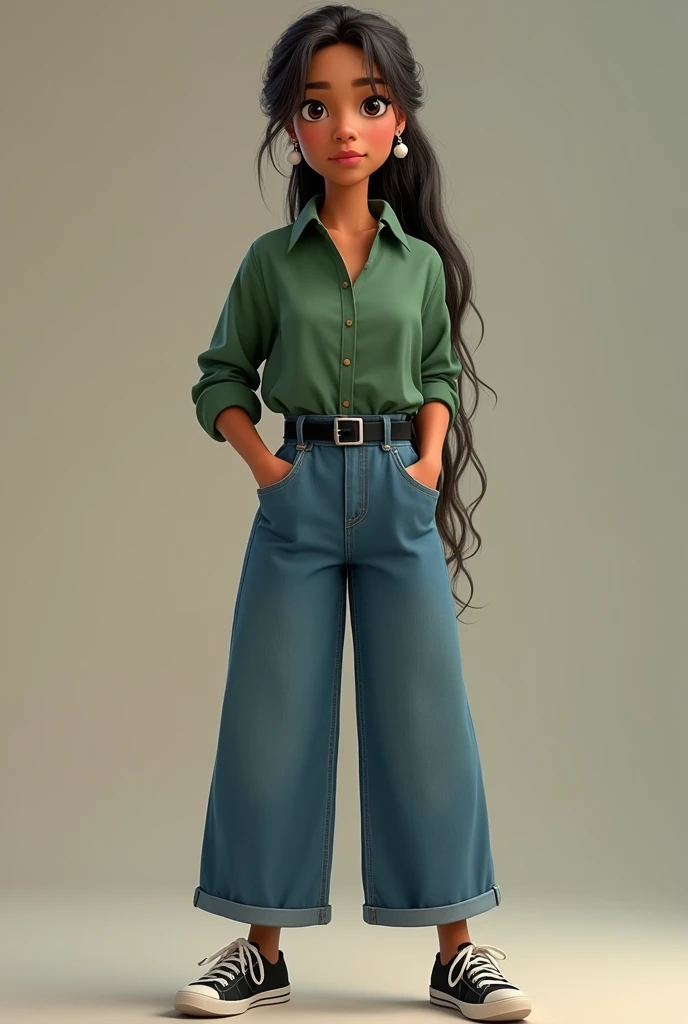 Animated Minerva Merchant drawing type 28 year old woman long hair tied back light brown complexion red lips big black eyes with small pearl earrings long sleeved green shirt long untied blue jeans black belt black formal tennis shoes.