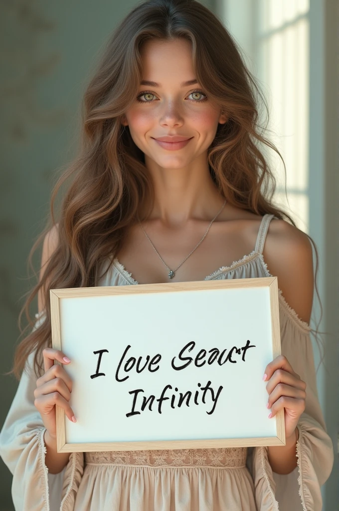 Beautiful girl with wavy long hair, bohemian dress, holding a white board with text "I Love Seaart Infinity" and showing it to the viewer