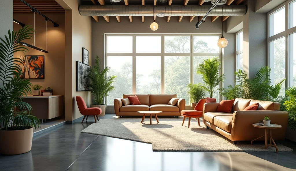 "a modern, well-designed office space with natural lighting, comfortable furniture, and relaxing decor that promotes a healthy work-life balance. The office has an open floor plan, plants, and cozy seating areas for collaboration and relaxation."