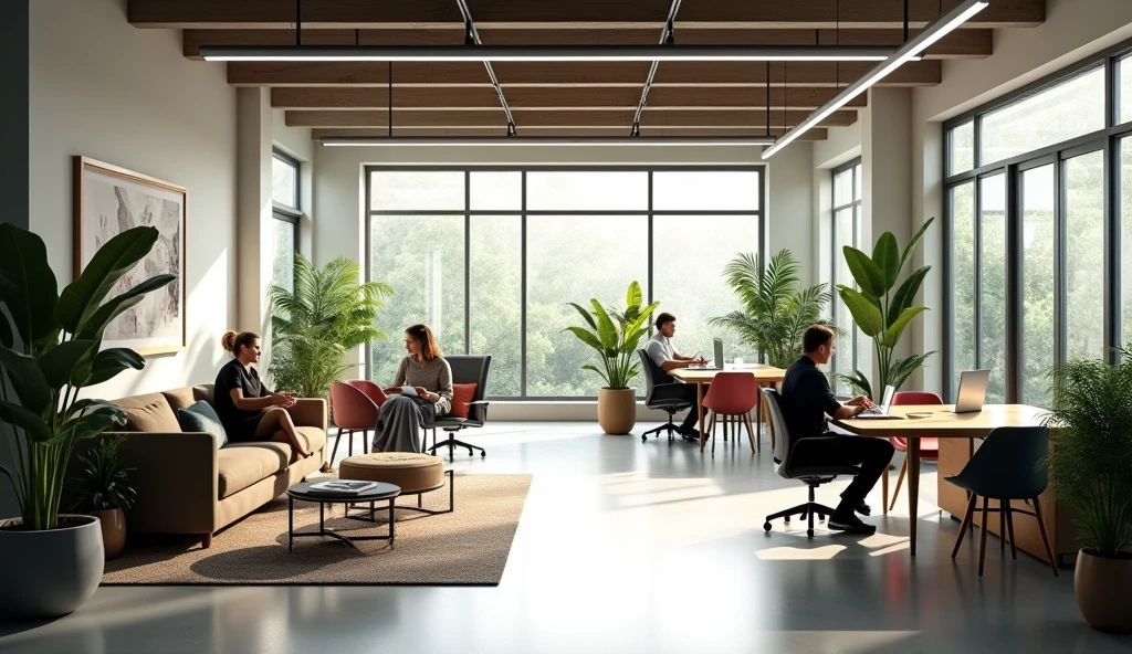 "a modern, well-designed office space with natural lighting, comfortable furniture, and relaxing decor that promotes a healthy work-life balance. The office has an open floor plan, plants, and cozy seating areas for collaboration and relaxation."