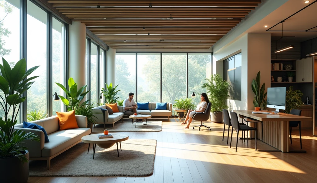 "a modern, well-designed office space with natural lighting, comfortable furniture, and relaxing decor that promotes a healthy work-life balance. The office has an open floor plan, plants, and cozy seating areas for collaboration and relaxation."