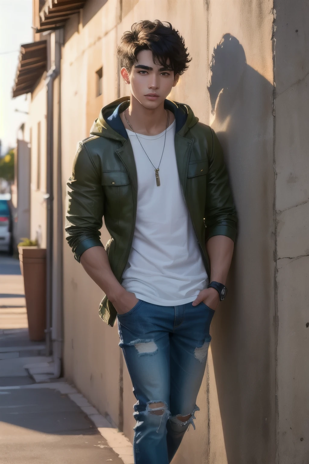 Solo, latino boy of 19 years old, tan skin, toned, lean, black hair, french crop hair, left eye green, right eye brown, indoors, standing, arms crossed, front view, leaning his back against a wall, serious, black leather jacket, an olive-green hoodie layered over a white shirt, distressed black jeans, and tan work boots. 