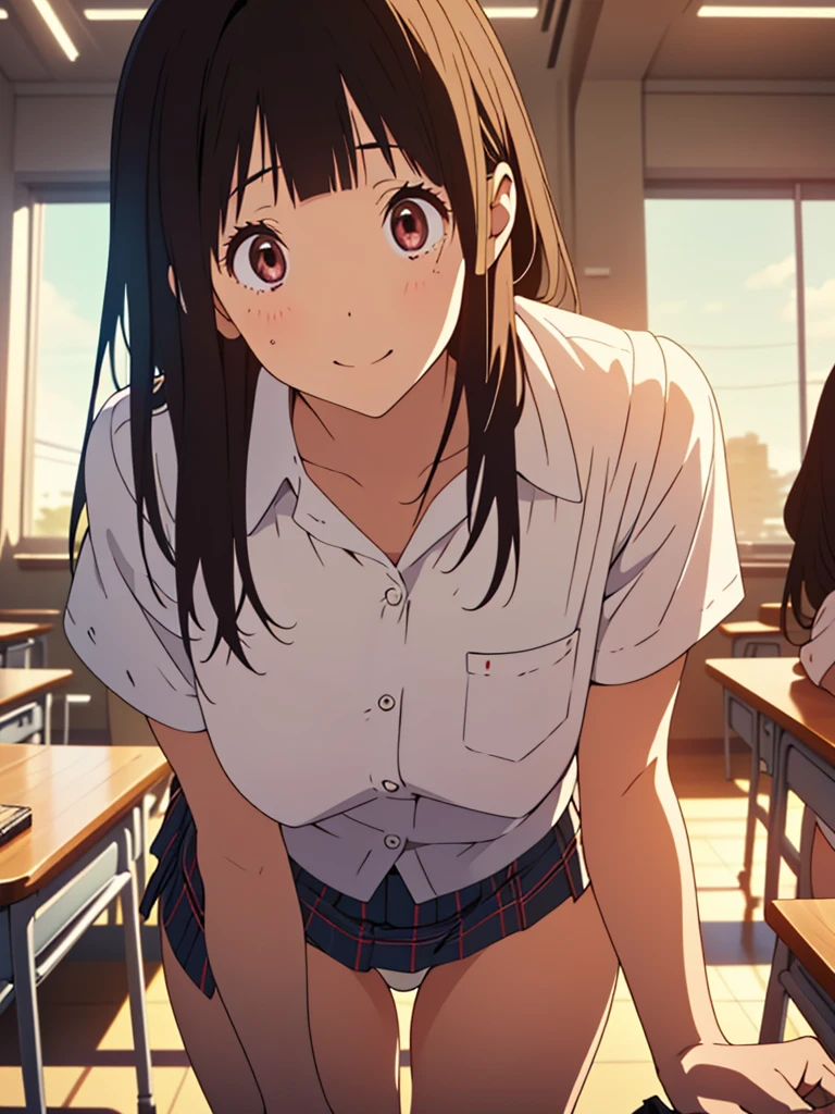 Chitanda Eru,(raw photo,best quality, insanely detailed, masterpiece, perfect face, insanely detailed perfect fingers, beautiful and aesthetic:1.2, highest detailed face),(((Scale to fit the dimensions, character focus,looking at viewer))), BREAK (((1 girl is pulling down her white panties))),{ 18_y.o. Caucasian school girl, adorable, cute, enjoying, mischievous smile:1.3,gal,gyaru:1.2},((( pantypull))),( school uniform),( plaid mini skirt:1.3),BREAK super detailed beautiful white skin, huge Perky breasts:0.9, toned slender body, small hips,thin legs,messy blonde hair, dark brown Eyes,double eyelid,BREAK cinematic dim lighting, depth of field, beautiful scene of classroom, desk, chair, blackboard behind,( official art, extreme detailed, highest detailed)