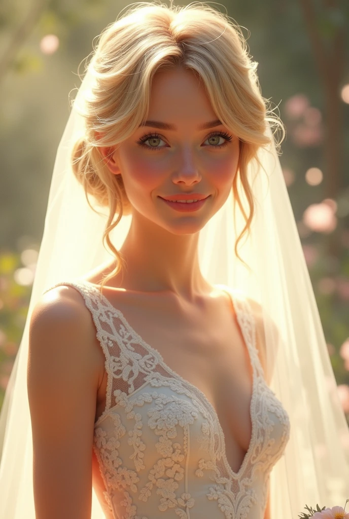 Beautiful girl with blonde short hair, wedding dress, white skin,  ring wedding 