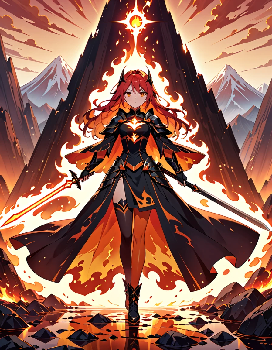 ((full body shot)) of a girl in regal, fire-themed armor with intricate gold and red details, standing in a blazing, volcanic landscape. She has long, flowing fiery red hair and intense, glowing amber eyes. Her skin has a warm, sun-kissed hue, and she is adorned with molten lava-like patterns. She holds a majestic sword engulfed in roaring flames, casting a bright, fiery light. The atmosphere is {intense|majestic}, with lava flows and embers illuminating the scene. The ground beneath her is cracked, molten earth, reflecting the intense light and adding to the fiery ambiance. Surrounding her are jagged rocks and bursts of flame in shades of {red|orange}, casting a fierce, incandescent glow. The background features towering volcanic peaks and a sky filled with ash and smoke, hinting at a powerful, fiery kingdom. The scene is dynamic and awe-inspiring, with her face showing a determined yet regal expression, her eyes focused intently on her blazing domain.

[Best quality], [Masterpiece], [Ultra-detailed], [4k], {intense|majestic} atmosphere, fiery kingdom, {dynamic pose|regal pose}, blazing illumination, {soft shadows|dramatic lighting}, {reflected light on molten earth:0.7}, {jagged rocks:0.6}, {bursts of flame:0.5}, {volcanic peaks:0.4}, {ash-filled sky:0.3}.