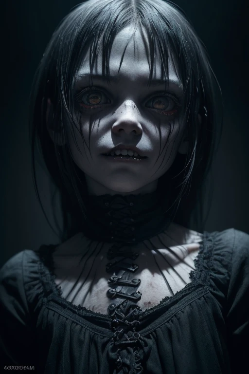 a creepy detailed little bogieman girl, long sharp teeth, dark shadowy eyes, sinister smile, dark mysterious background, dark eerie atmosphere, dramatic chiaroscuro lighting, dark fantasy, gothic, horror, (best quality,4k,8k,highres,masterpiece:1.2),ultra-detailed,(realistic,photorealistic,photo-realistic:1.37)