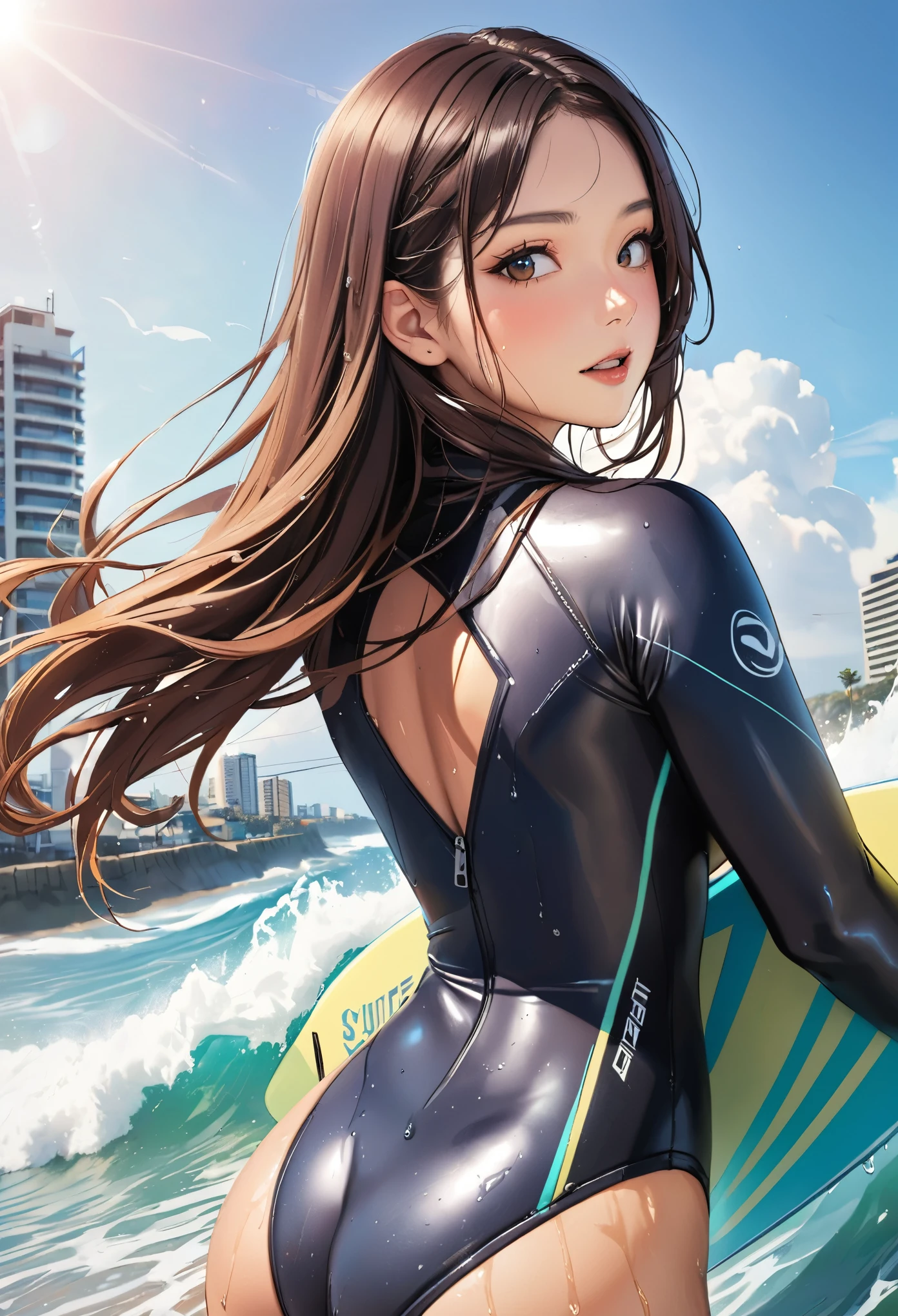 1 girl, (long hair, asymmetrical bangs, dark brown eyes), beautiful face details, beautiful eyes, long eyelashes, soft lips, smile, (Reflecting the buttocks:1.7), city, (wet suits:1.7), open mouth, (See-through), (surfing,
surf board:1.5), (black long hair:1.3), blush, surprised face, (turn around and look back:1.5), (wet with sweat:1.5)
