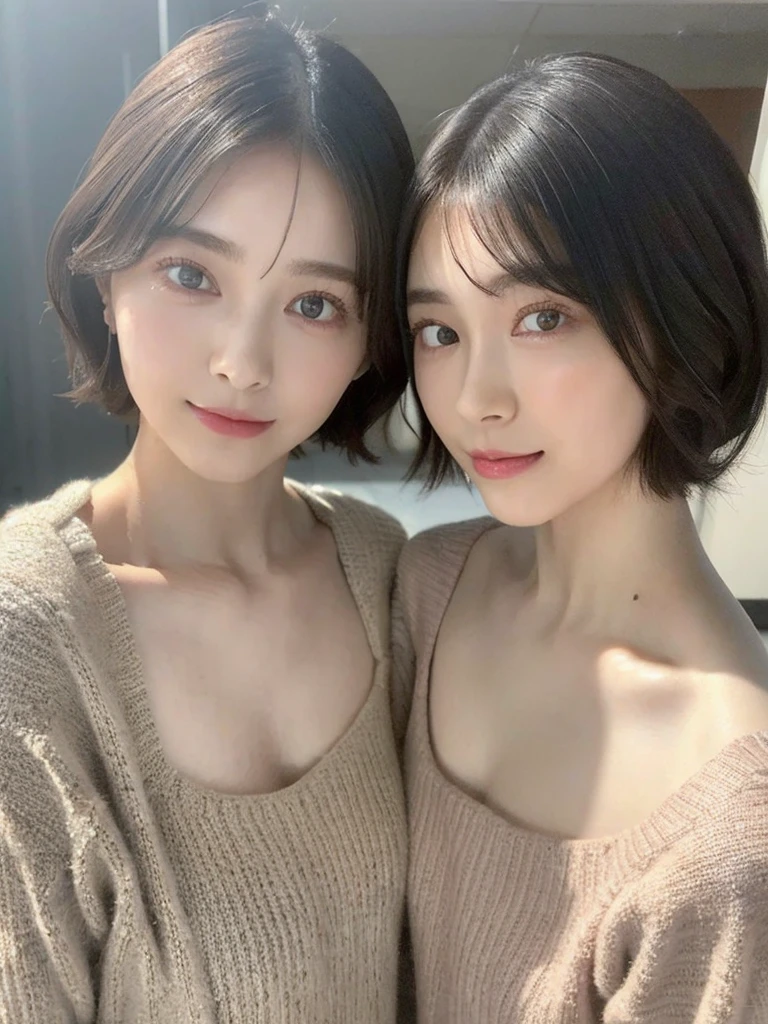 (masterpiece:1.3), (8k, Photoreal, Raw photo, best image quality: 1.4), Japanese high school girl、(random hairstyle:1.2)、cleavage:1.5、super detail face、eye for details、double eyelid、chest to chest、sharp focus:1.2、Beautiful woman:1.4、light brown hair、highest quality、masterpiece、超A high resolution、(Photoreal:1.4)、Highly detailed and professionally lit smiles、loose and light knitwear、shoulder out、thin、serious expression、short haired、deadly position
similar identical twins
All the girls have the exact same face, The two have the same face and figure, as if they were mirror images.