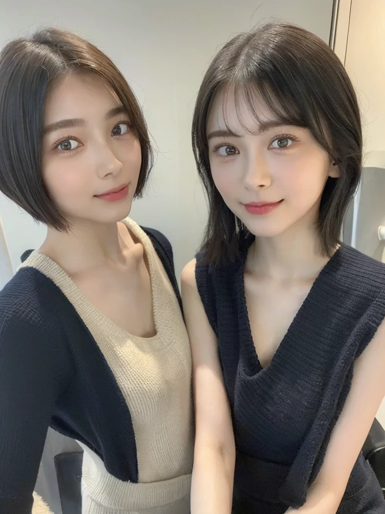 (masterpiece:1.3), (8k, Photoreal, Raw photo, best image quality: 1.4), Japanese high school girl、(random hairstyle:1.2)、cleavage:1.5、super detail face、eye for details、double eyelid、chest to chest、sharp focus:1.2、Beautiful woman:1.4、light brown hair、highest quality、masterpiece、超A high resolution、(Photoreal:1.4)、Highly detailed and professionally lit smiles、loose and light knitwear、shoulder out、thin、serious expression、short haired、deadly position
similar identical twins
All the girls have the exact same face, The two have the same face and figure, as if they were mirror images.