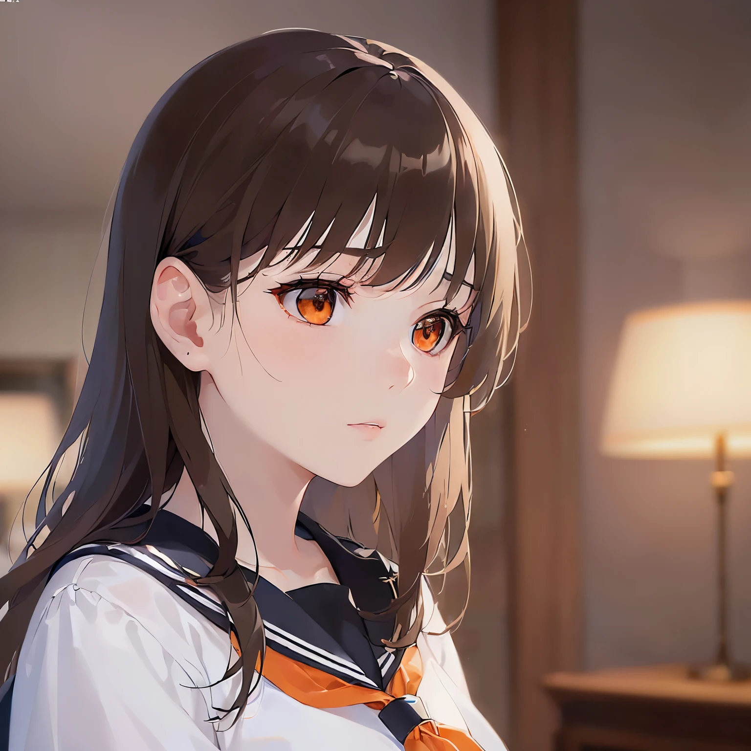 (looking away:1.5)Upper Body, profile、
Realistic, real person, (pale skin: 1.2), RAW photo, photorealistic, shiny skin, shiny hair、
(A 20-year-old woman with medium-length hair and bangs) and (wavy hair) and (brown hair) and (orange eyes),
Sailor suit、
sad,The background is the living room、(alone:1.5)