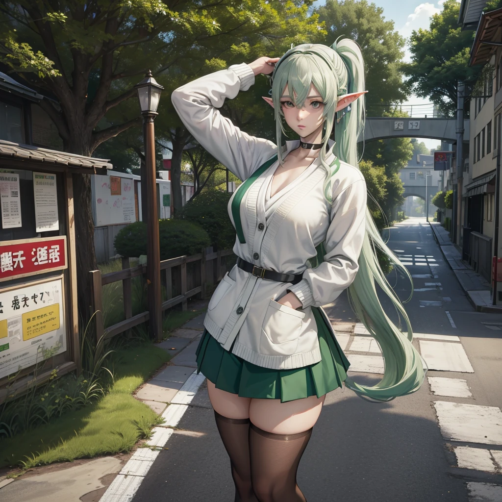 masterpiece , best quality,Nashida(Genshin Impact) ,1 Girl , Small Breasts,Long hair ,Side Ponytail, Hair accessories , White hair , Green Hair , Put your hands behind your head:1.5,Colorful hair, Elf , Pointed ears , Uniforms , skirt ,Cardigan,road , street,Looking at the audience