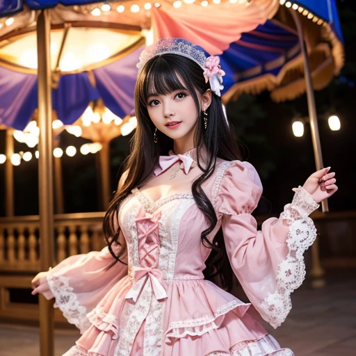 41 year old woman, Side shot, Bow at the back of the waist, Skirt length to calf, cupcake dress, Layered skirt with lace on each layer, Wear a LOLITA dress, layered dress, Pink lolita skirt, lots of lace, Long sleeve, Wide sleeves, Big skirt, layered lace skirt, Puff sleeves, Wide sleeves, Transparent sleeves, intricate details showcase the ruffles and intricate designs of the Lolita dress, Wearing a lolita dress, in the amusement park, at disneyland, The background is a carousel, best quality, Delicate face,beautiful visual work, lifelike, eternity, black hair, Long curly hair, blunt bangs, Smile, Detailed Background, Delicate face,blush,cold,((masterpiece))、(top quality)、8k、high detail、Super detailed,41-year-old female, masterpiece、born、Scenes resembling fairy tale illustrations、intricate details和複雜的設計、Beautifully、magic、capricious、 Beautifully、Dream aesthetics、「𝓡𝓸𝓶𝓪𝓷𝓽𝓲𝓬、ethereal、charming、fickle、magic」、realism、Visual effects、FXAA、SSAO、Shader、voiceless、ambient lighting、Tone mapping、High resolution、Ultra high quality、Million pixels、(8K resolution:1.10)、8k、8k以下、8K resolution、high detail、intricate details, (high quality:1.2、masterpiece:1.2、:1.21)、(41-year-old female:1.21)、(興奮地Smile)、(Surrounded by a dreamy atmosphere、Model diagram,full-body shot,Normal 2 feet,Put your hands behind you,The protrusion of the breast is visible when wearing clothes, Large Breasts, H cup chest, pink clothes, Don't show your fingers, full-body shot, full-body shot,full-body shot,full-body shot,full-body shot,full-body shot,full-body shot,full-body shot,hands hidden in clothes, hands hidden in clothes,hands hidden in clothes,hands hidden in clothes,hands hidden in clothes,hands hidden in clothes,hands hidden in clothes,hands hidden in clothes,hands hidden in clothes, ,hands hidden in sleeves ,hands hidden in sleeves ,hands hidden in sleeves ,hands hidden in sleeves ,hands hidden in sleeves ,hands hidden in sleeves ,hands hidden in sleeves ,hands hidden in sleeves, arms behind back, arms behind back,