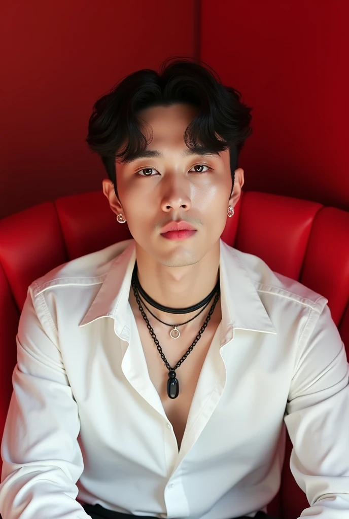 korean men
The facial structure is not very small.
Long eyelashes
short hair
black hair
light pink lipstick Velvet lipstick texture, even eyes.
high nose
wearing a black necklace
black earrings
Wear a white shirt.
wear white pants
sitting on a red chair