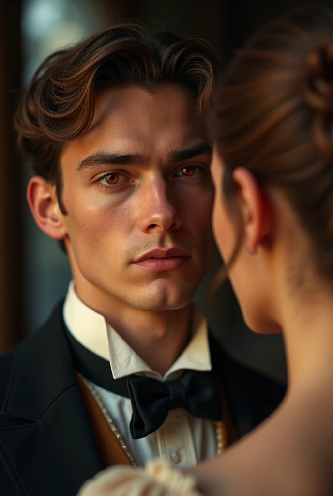 now do the man who fell in love with her, 1800 era, man with red eyes, brown hair and well dressed brown eyes, it's young