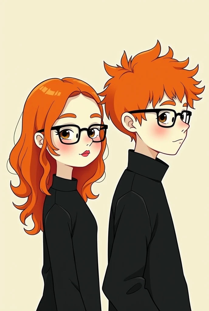 A couple of a girl and a boy with flaming hair and white skin wearing glasses and black clothes cartoon
