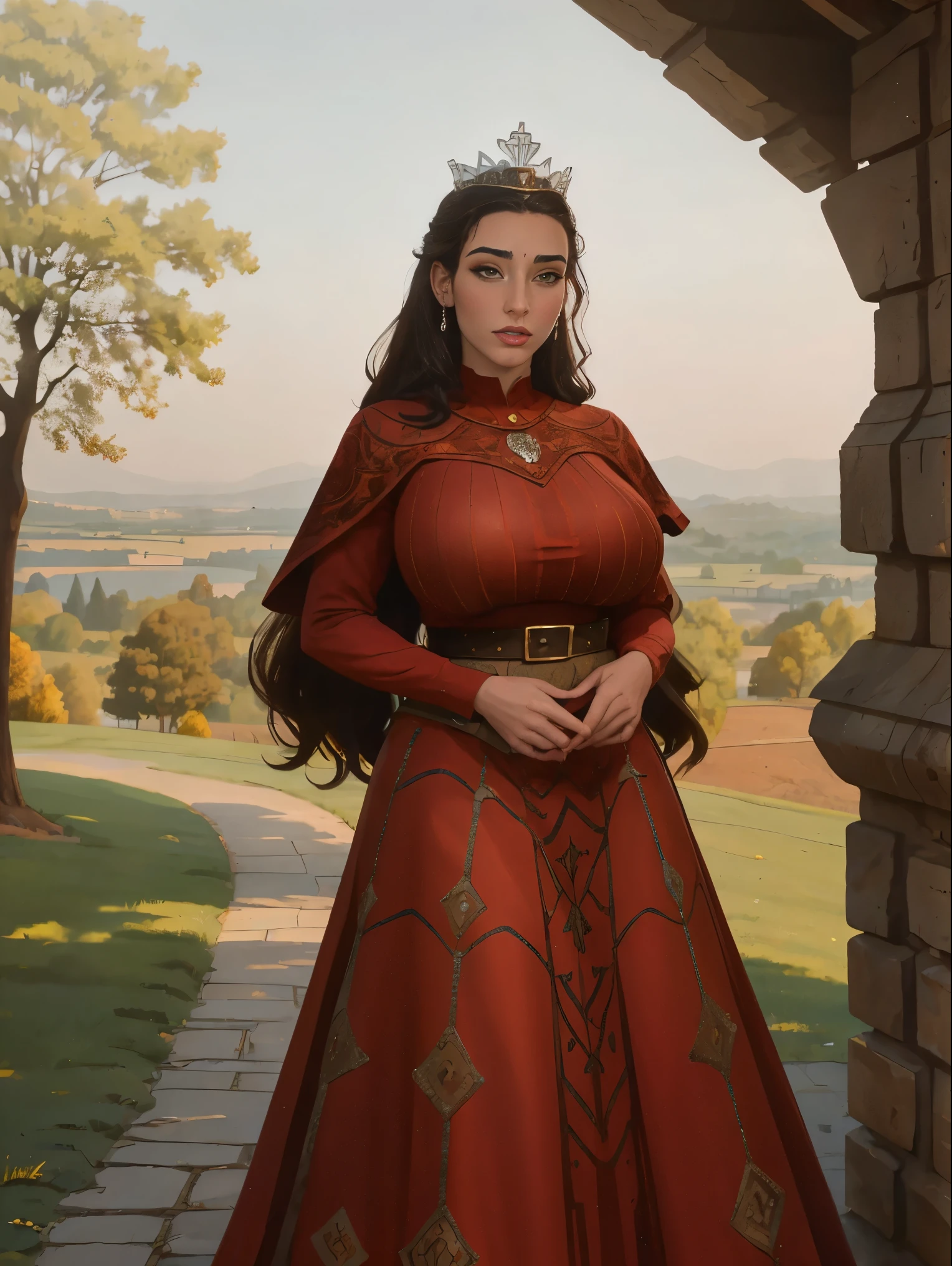 Gorgeous and sultry busty athletic (thin) brunette queen with sharp facial features wearing a modest updo, dark red satin medieval dress, long sleeves, wide neck, crown, veil, long dress, tight bodice, silver (waist chain), medieval jewelry, Middle Ages, castle, rampart, wall, exterior, on top of a castle wall, trees, countryside, evening, sunset.