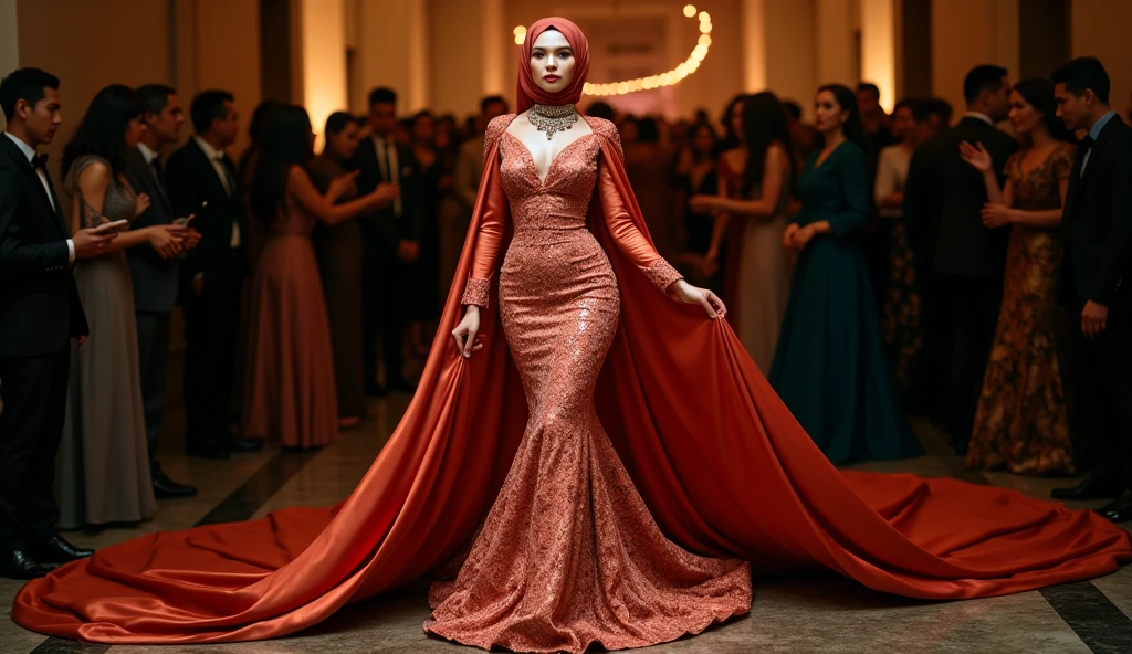 An malay woman in glamorous mermaid evening dress, long ballon sleeve bolero, long satin scarf wrapped around her arms, wear jewellery, wear modern satin hijab, entirety of fabric over botom dress about 7 meters in length trailing dramatically, glamours style, overlong dress train, extreme detail on the texture of the fabric, wear high heels, sexy random pose in crowded place, dramatic lighting, ultra realistic, high-resolution photography.