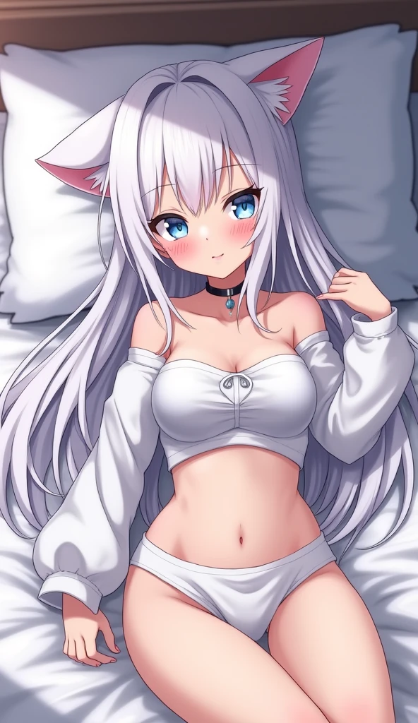 one girl, anime style, cat ears, off shoulder, medium breasts, shy, blush, navel, choker, obedient, white long hair, light blue eyes, long sleeve, on bed, wariza