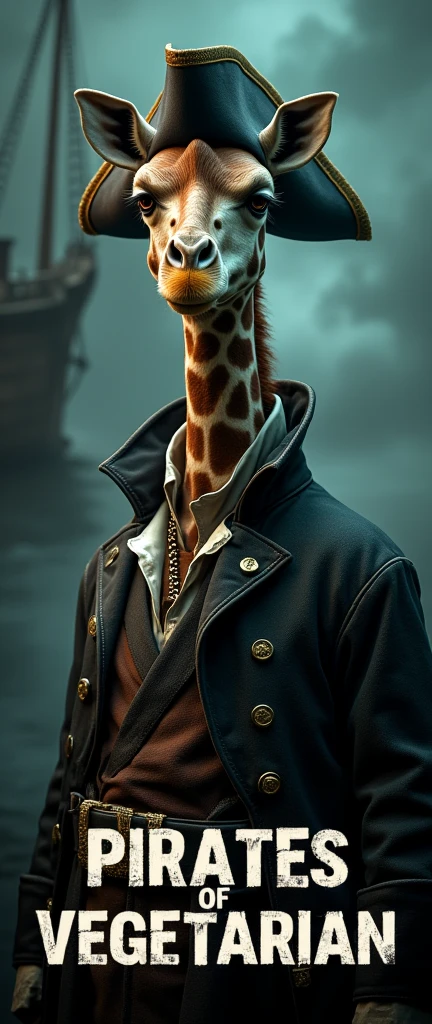 Create a cinematic poster featuring photorealistic portrait of Dressed animals - a ((fat)) giraffe pirate, , wearing pirate costume and pirate hat , with a serious, intense expression, He should be slightly off-center in the composition, The background should be dark and gritty, pirate's ship with smoky or grunge textures, Use a color scheme of black, deep blues, and dark greens, with subtle silver or gold accents to capture the show's mood, At the bottom of the poster, place the text "PIRATES OF VEGETARIAN" in large, bold, distressed letters, in a sans-serif font. The text should have a cinematic style, with slight shadow or glow effects to make it stand out against the background.