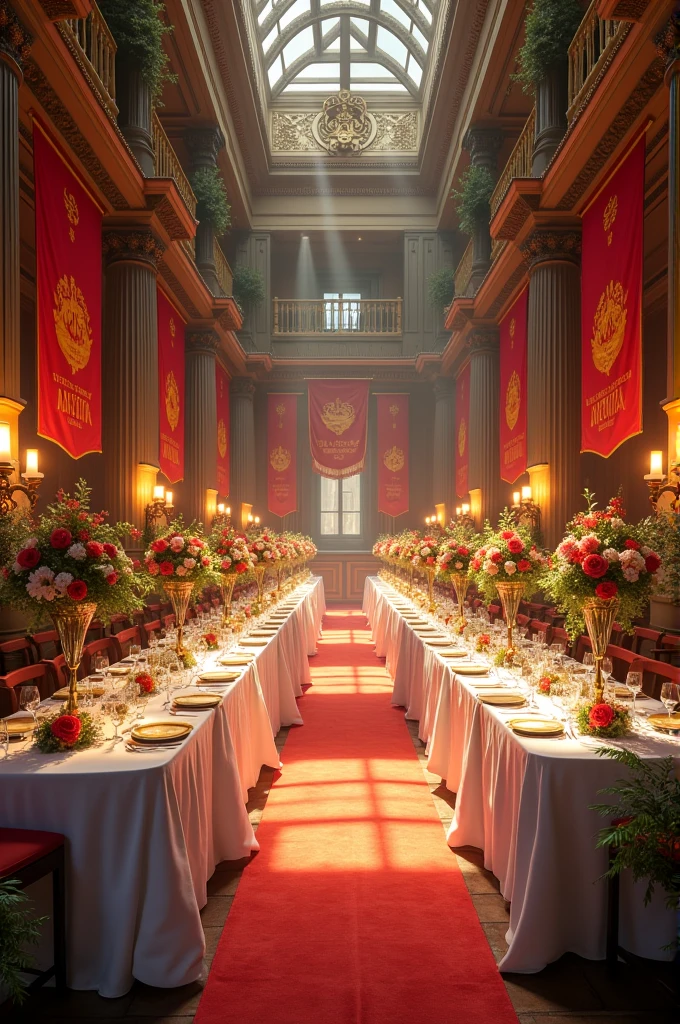 **Food and Drink Area Inside the House:**
- **Location:** In a large hall or event room inside the house.
- **structure:** Tables arranged along the walls or in a central configuration, allowing easy access to guests.
- **Decoration:** The tables are covered with tablecloths and floral arrangements that follow the theme of the Cavalhada, and the space is decorated with themed banners and shields.
- **access:** The space is well integrated into the main event area, facilitating the flow between the food and beverage area and the main activities.