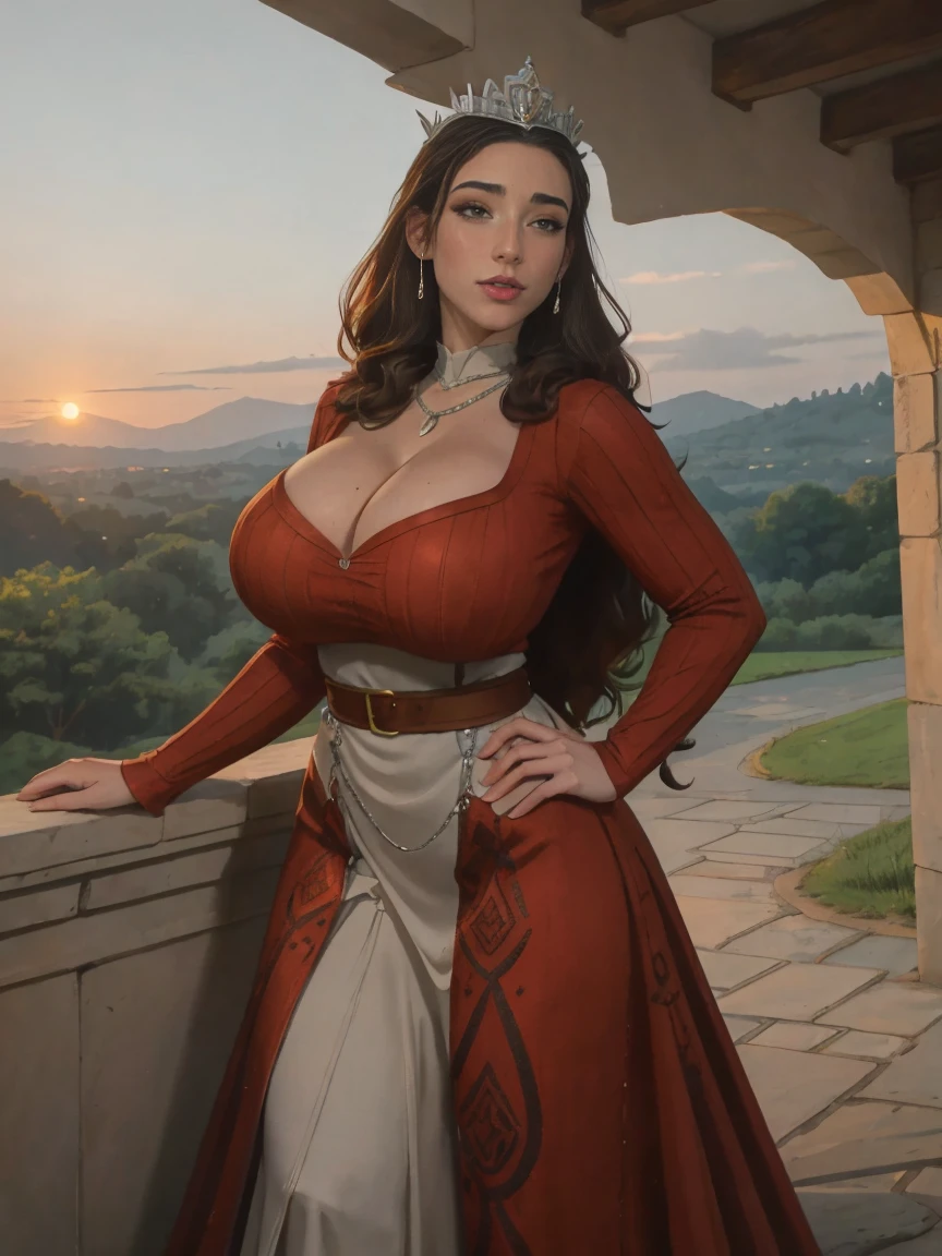 Gorgeous and sultry busty athletic (thin) brunette queen with sharp facial features wearing a modest updo, dark red medieval dress, long sleeves, intricate patterns, scrollwork, wide neck, crown, veil, long dress, modest dress, tight bodice, silver belt, (waist chain), medieval jewelry, Middle Ages, castle, rampart, wall, exterior, on top of a castle wall, trees, countryside, evening, sunset. large breasts.