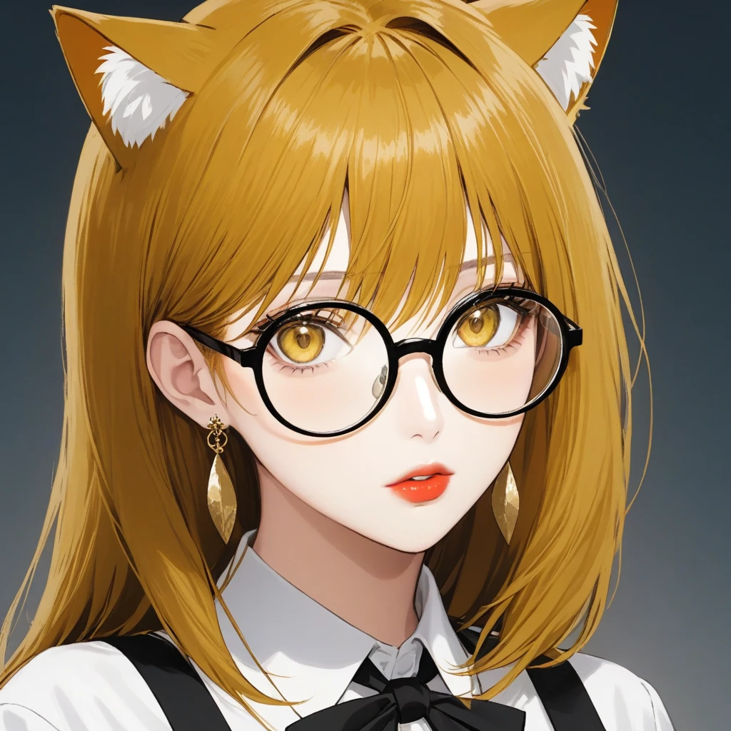 (masterpiece, best quality: 1.2), yoru\(chainsaw man\),(very detailed face, real image, realistic skin, realistic body, intricate details), (solo, upper body) red lipstick
serious, looking at the viewer, yellow eyes, , pinaforee dress, shirt, neck ribbon, close-up,jhumka earrings,big earrings ,long earrings , long with yellow and black highlights hair,wear glasses,black and yellow hair, ((((giant glasses, otaku glasses, round glasses)))), A pair of cat ears on the head