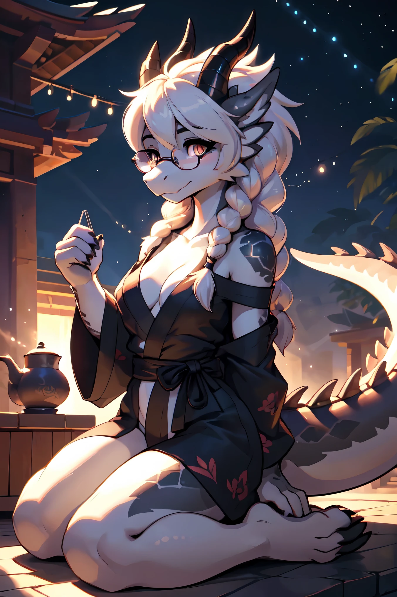 solo anthro, ((portrait)), (detailed skin), (cinematic lighting), (((three-quarter view))), depth of field, (half shadow), [crepuscular ray], [detailed ambient light], [gray natural lighting], [ambient light], [sharp focus], (shaded), [explicit content], (????????????????????), (masterpiece), Anthro Art, Commission for High Res, Furry Art, best quality, detailed face, perfect eyes, flawless face, gorgeous body, hourglass body, center focus, half-closed eyes, 1girl, solo, full body, (masterpiece:1.21), (best quality:1.2), (illustration:1.2), (cinematic lighting:1.3), balanced coloring, global illumination, ray tracing, good lighting, attractive body, sexy body, looking at viewer, seductive look, 1girl, ((black dragon)), (female), (dragon female anthro), (((black scales))), orange eye, (curved horns), white hair, (dragon) (thicc thighs, wide hips, medium breasts, perky_breasts, small waist), full body, looking at the viewer, spiky hair, head spikes, dragon girl, (digitigrade), scaly body, membranous ears, dragon girl, (detailed scales:1), (detailed face), (detailed eyes), (cute face), ((glasses)), (white hair), ((french braided hair)), (long hair), (solo), lora:Teranen style:1.3, nice hands, good anatomy, cute snout, ((two-tone-body)), curvy, medium scales breasts, ((dark scales)) (((black and grey scales))), 4 fingers, solo, (face view), (portrait view), ((looking shy and nervous, looking down, smiling)), cleavage, (tattoos), ((off shoulder kimono)), shrine, (sitting on knees), (full body), tea pot, heart eyes, <3 eyes, nsfw,
