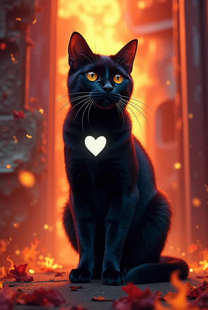 Black cat with a little white heart on his chest and fire from the 70s 